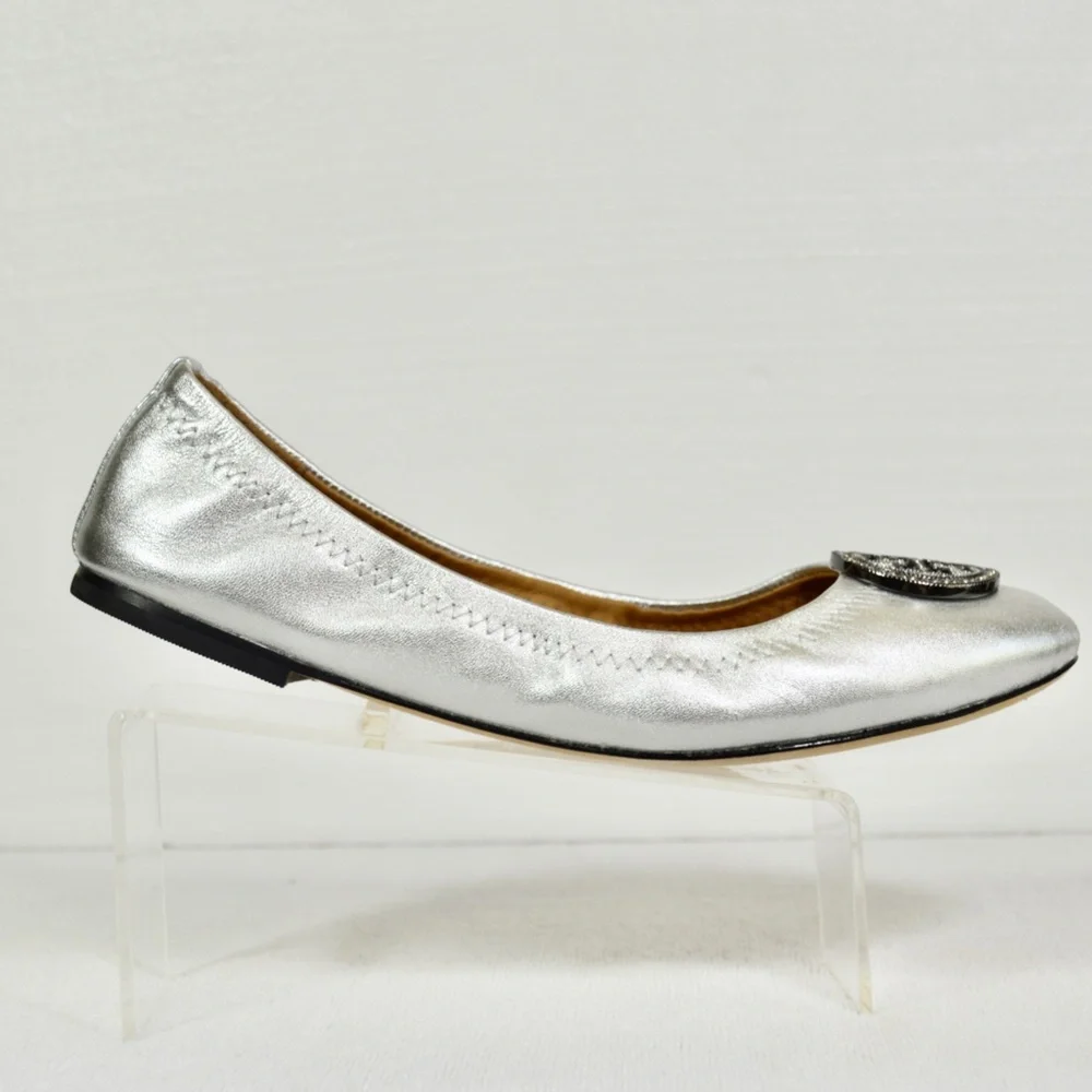 Tory Burch Women's Liana Round Toe Rhinestone Logo Metallic Leather Ball…